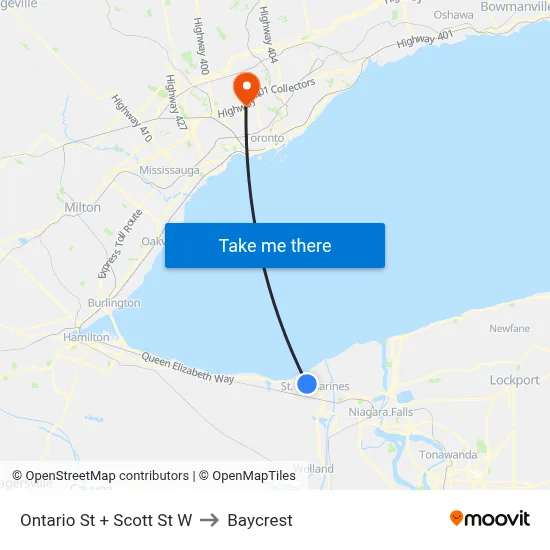 Ontario St + Scott St W to Baycrest map