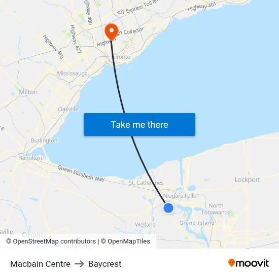 Macbain Centre to Baycrest map