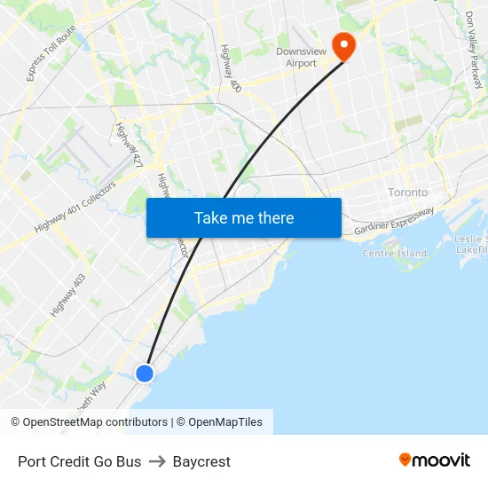 Port Credit Go Bus to Baycrest map