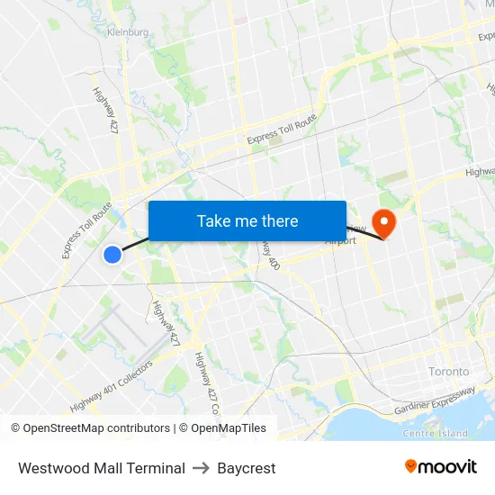 Westwood Mall Terminal to Baycrest map