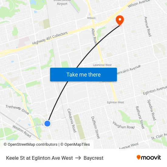 Keele St at Eglinton Ave West to Baycrest map