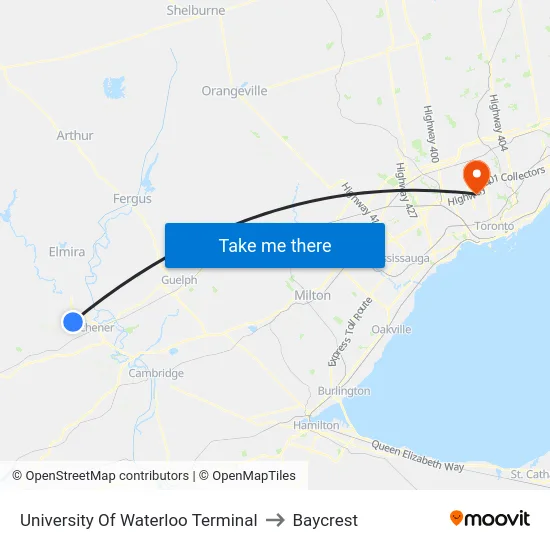 University Of Waterloo Terminal to Baycrest map