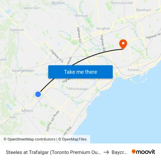 Steeles at Trafalgar (Toronto Premium Outlets) to Baycrest map