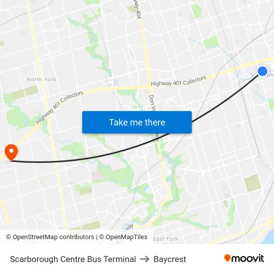 Scarborough Centre Bus Terminal to Baycrest map