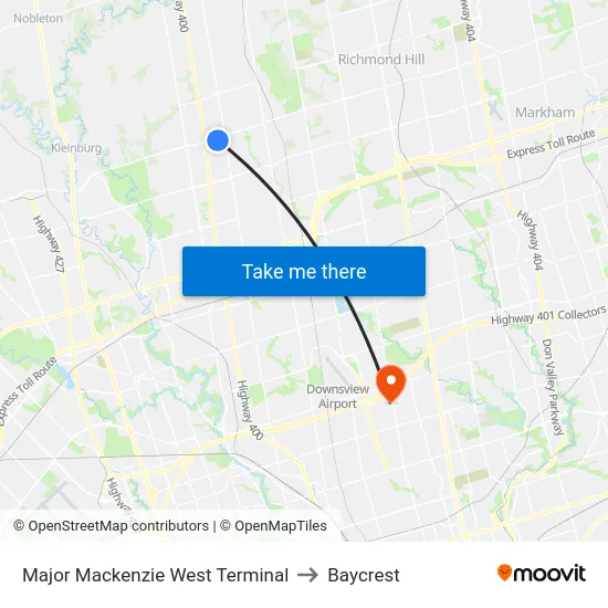 Major Mackenzie West Terminal to Baycrest map