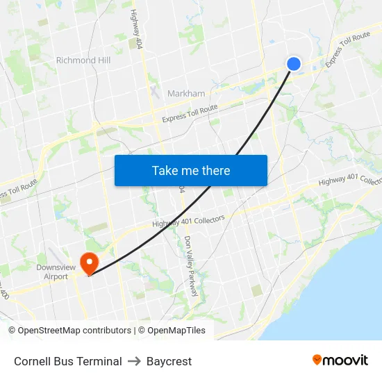 Cornell Bus Terminal to Baycrest map