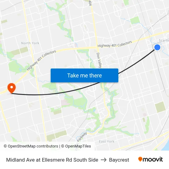 Midland Ave at Ellesmere Rd South Side to Baycrest map