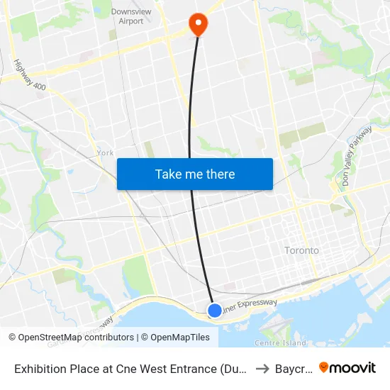 Exhibition Place at Cne West Entrance (Dufferin Gate) to Baycrest map