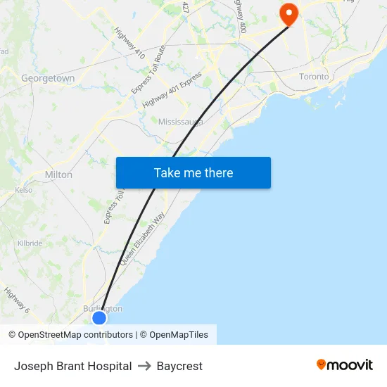 Joseph Brant Hospital to Baycrest map