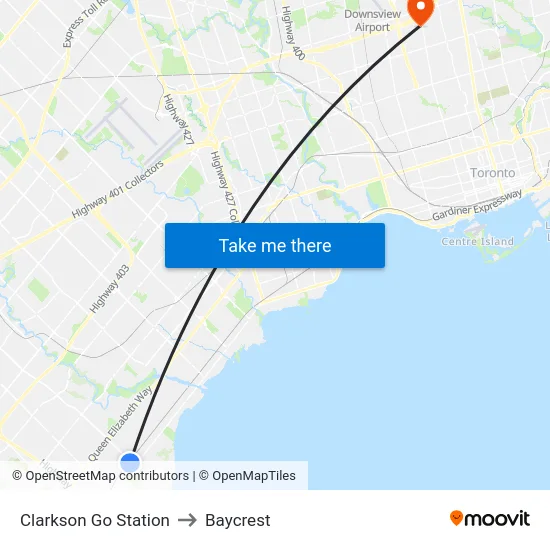 Clarkson Go Station to Baycrest map