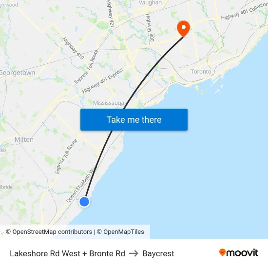 Lakeshore Rd West + Bronte Rd to Baycrest map
