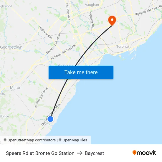 Speers Rd at Bronte Go Station to Baycrest map