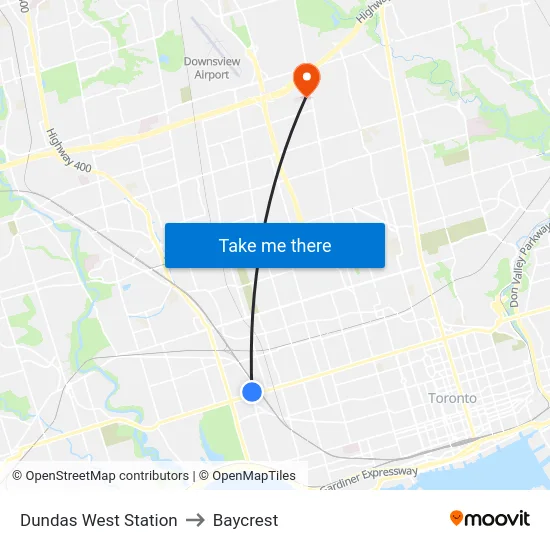 Dundas West Station to Baycrest map