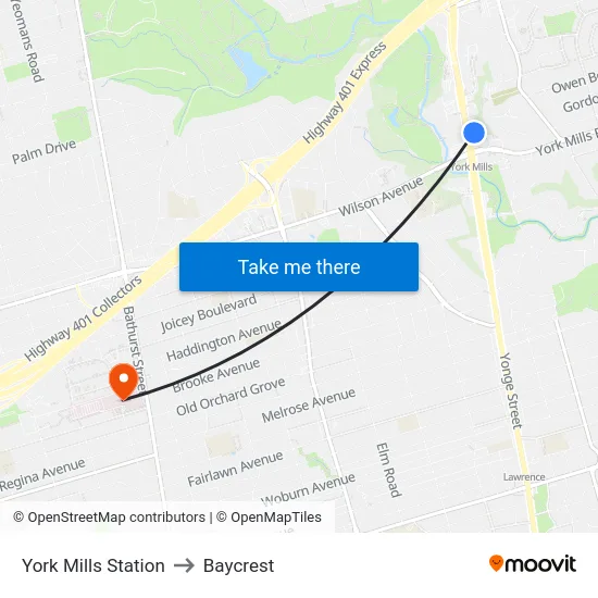 York Mills Station to Baycrest map