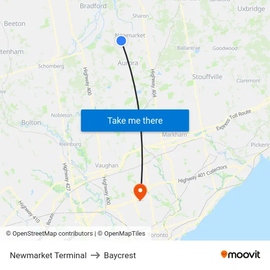 Newmarket Terminal to Baycrest map