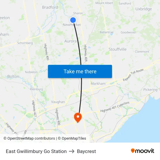 East Gwillimbury Go Station to Baycrest map