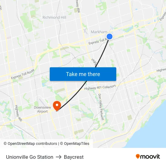 Unionville Go Station to Baycrest map
