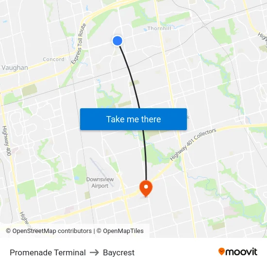 Promenade Terminal to Baycrest map