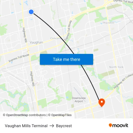 Vaughan Mills Terminal to Baycrest map