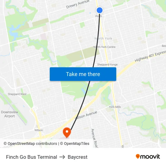 Finch Go Bus Terminal to Baycrest map