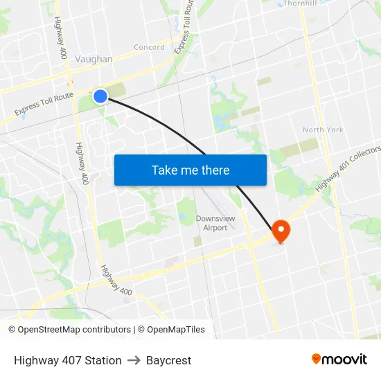 Highway 407 Station to Baycrest map
