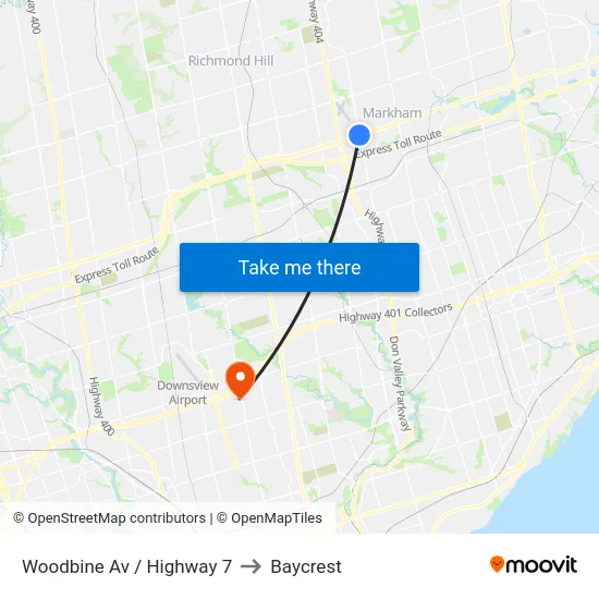 Woodbine Av / Highway 7 to Baycrest map