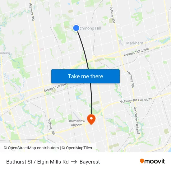 Bathurst St / Elgin Mills Rd to Baycrest map