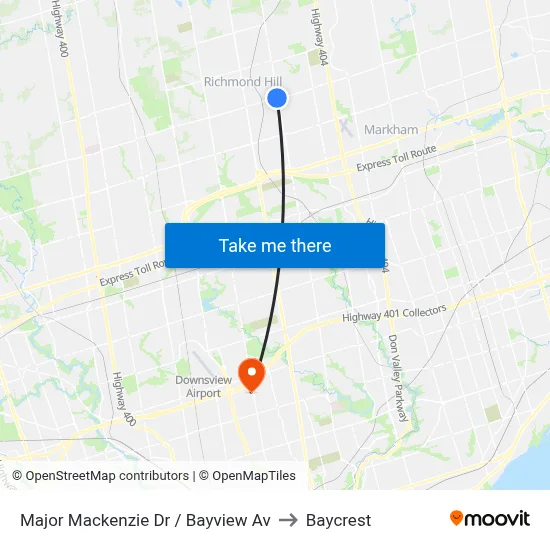 Major Mackenzie Dr / Bayview Av to Baycrest map