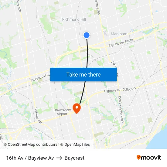 16th Av / Bayview Av to Baycrest map