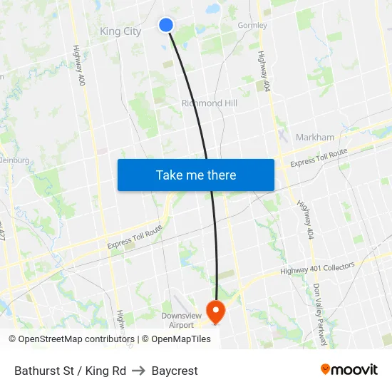 Bathurst St / King Rd to Baycrest map