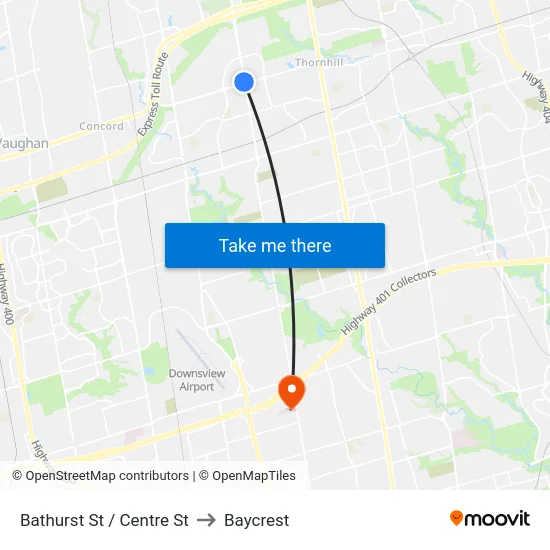 Bathurst St / Centre St to Baycrest map