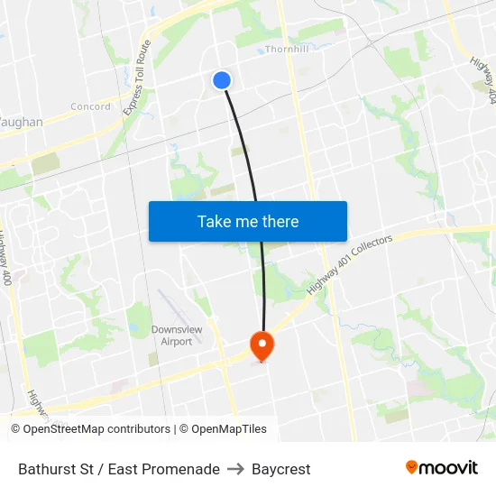 Bathurst St / East Promenade to Baycrest map