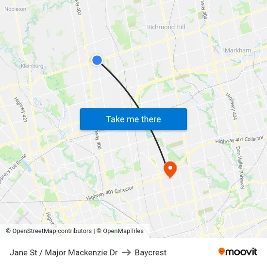 Jane St / Major Mackenzie Dr to Baycrest map
