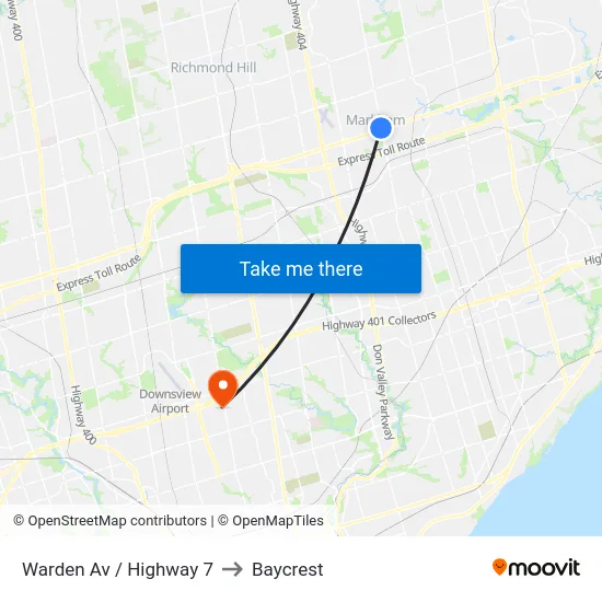 Warden Av / Highway 7 to Baycrest map