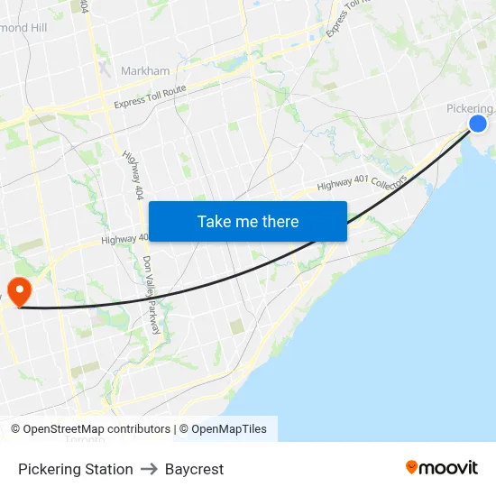 Pickering Station to Baycrest map