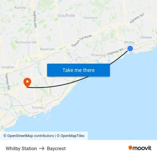 Whitby Station to Baycrest map
