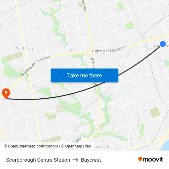 Scarborough Centre Station to Baycrest map