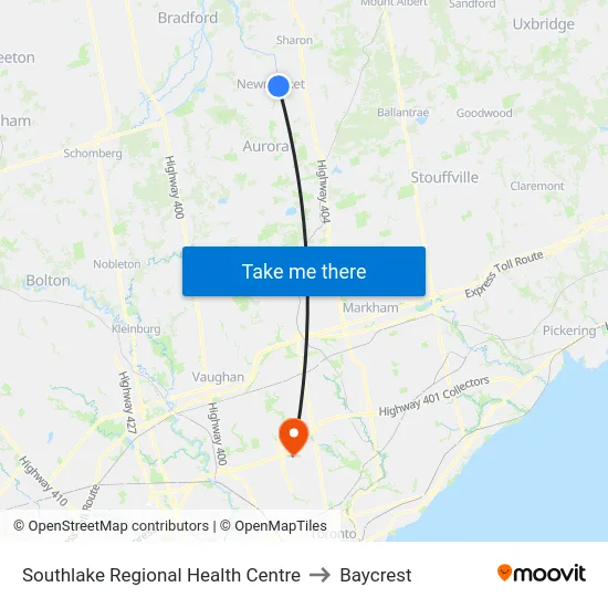 Southlake Regional Health Centre to Baycrest map
