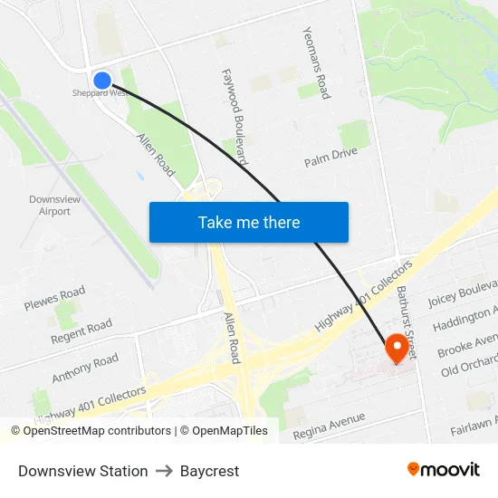 Downsview Station to Baycrest map