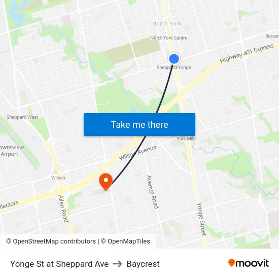 Yonge St at Sheppard Ave to Baycrest map