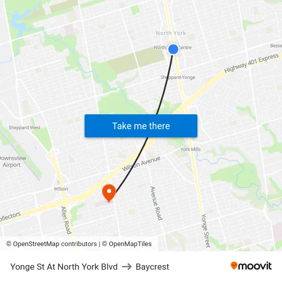 Yonge St At North York Blvd to Baycrest map
