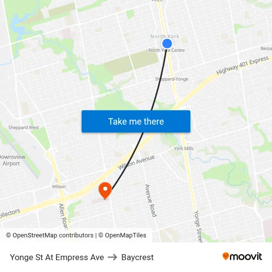 Yonge St At Empress Ave to Baycrest map
