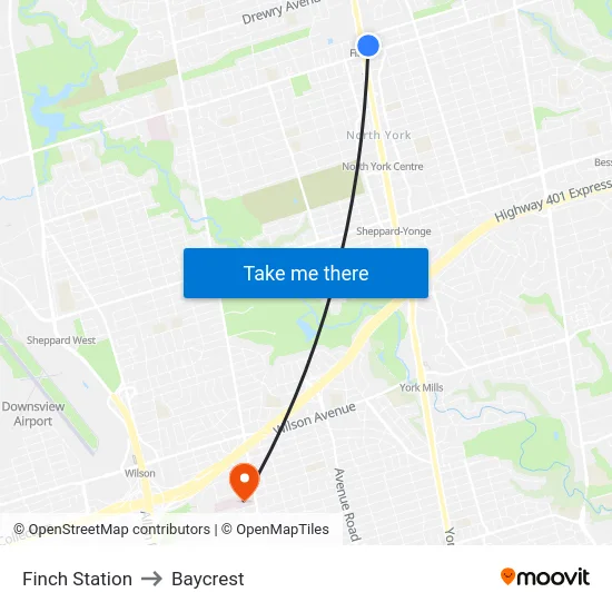 Finch Station to Baycrest map