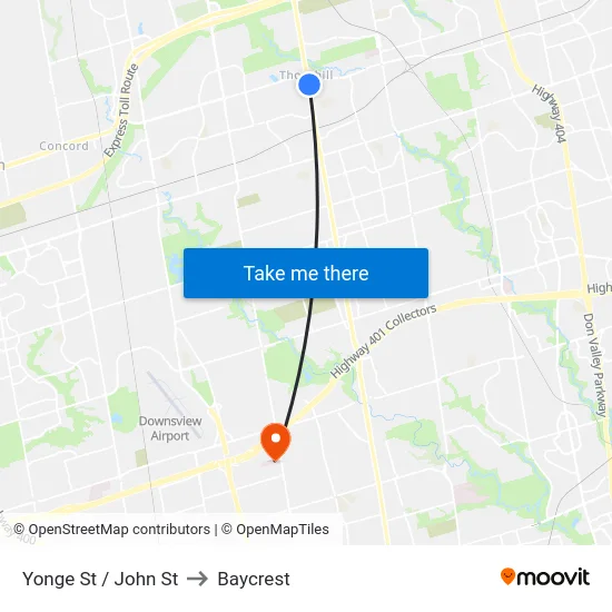 Yonge St / John St to Baycrest map