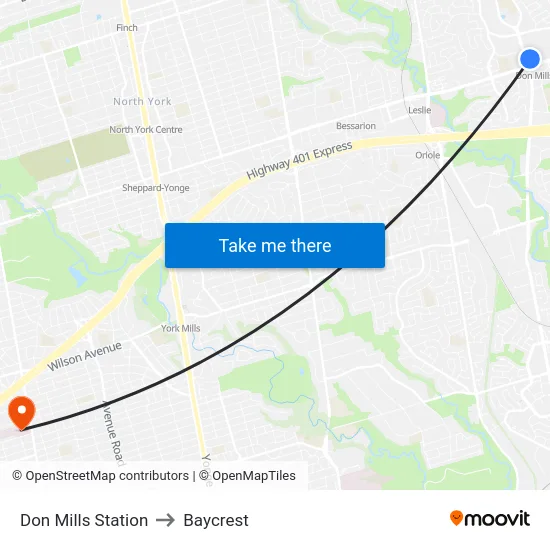 Don Mills Station to Baycrest map