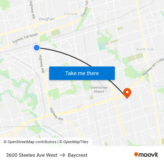 3600 Steeles Ave West to Baycrest map