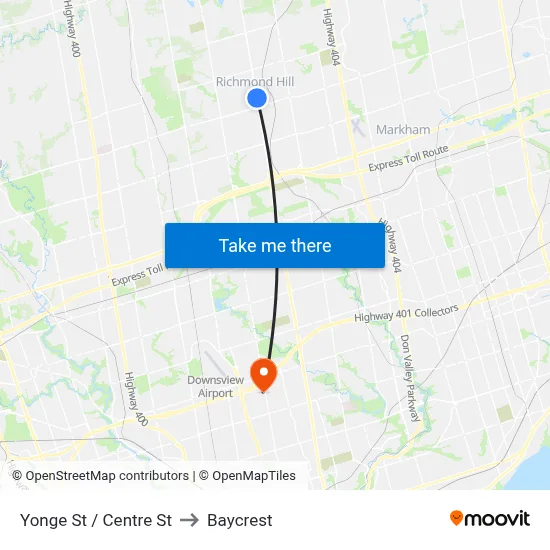 Yonge St / Centre St to Baycrest map