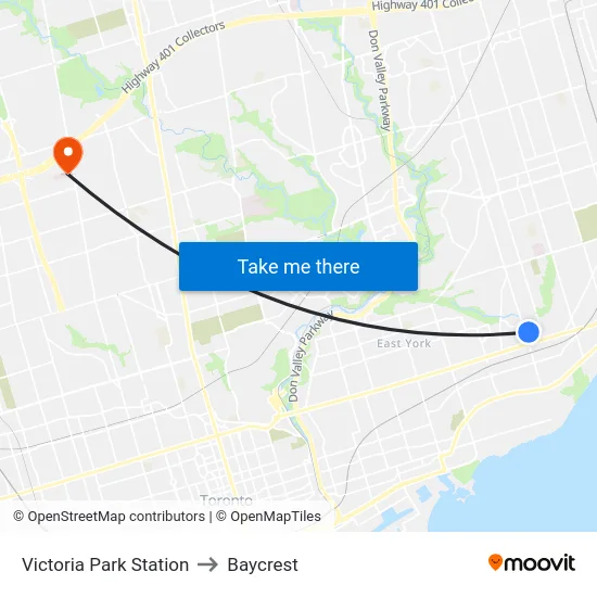 Victoria Park Station to Baycrest map