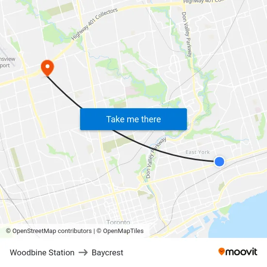 Woodbine Station to Baycrest map