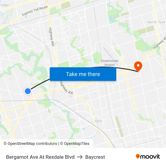 Bergamot Ave At Rexdale Blvd to Baycrest map